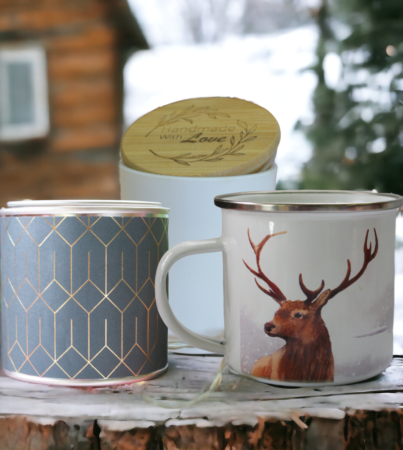 covered tin candle and deer mug